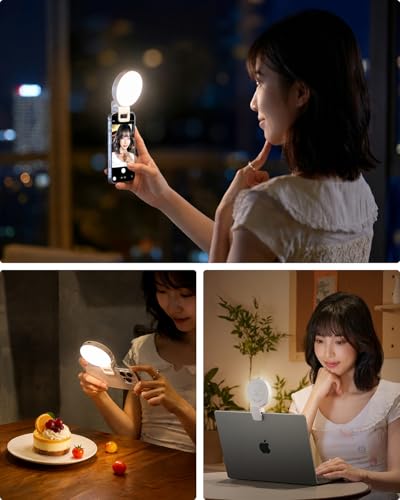 1000mAh充電式クリップライト 3色調光・無段階明るさ調整 軽量66g 球面発光 3インチコンパクト 撮影・配信・会議用モニターライト ホワイト
