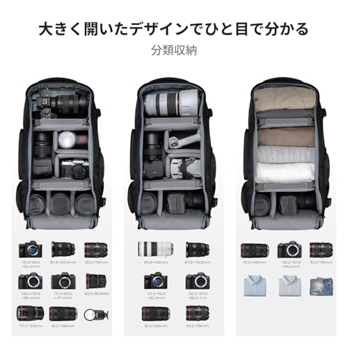 K＆F Concept カメラリュック 2気室 16インチPC収納 三脚固定 一眼レフ・ミラーレス対応 軽量アウトドアバック
