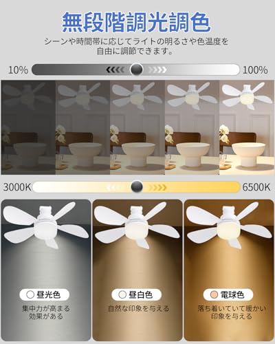 シーリングファンライト 5枚羽根 調色調光 3段階風量 リモコン付き 6畳対応 常夜灯 タイマー機能 角型引掛けソケット
