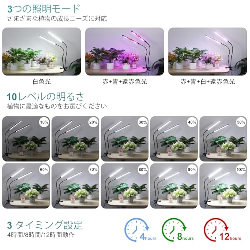 ZMJAJZZWL-78-RBW 二管式LED植物育成ライト 156LED 全スペクトラム 10段階調光 3モード 4/8/12時間タイマー クリップ式 フレキシブルアーム 室内観葉植物・多肉植物・育苗用