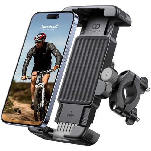 ハンドル径17-40mm対応 自転車用スマホホルダー 360度回転 片手操作 落下防止 耐震 6-7インチ対応 PC+ABS/ステンレス製 