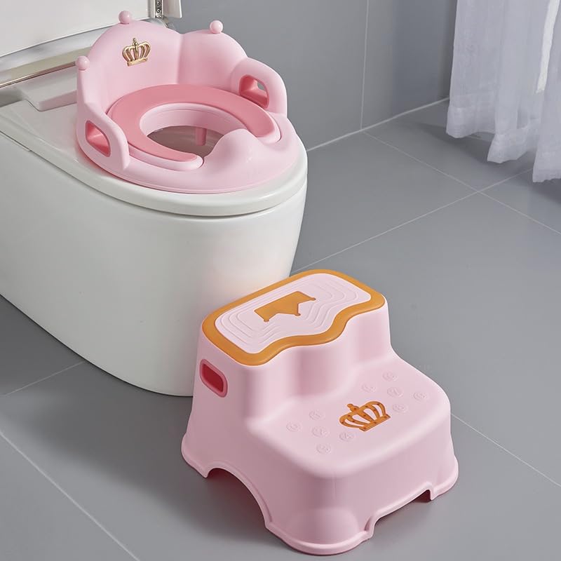ピンク 補助便座+トイレステップセット 子供用 トイレトレーニング おまる 滑り止め PP+PVC製 ハンドル付き 飛び散り防止