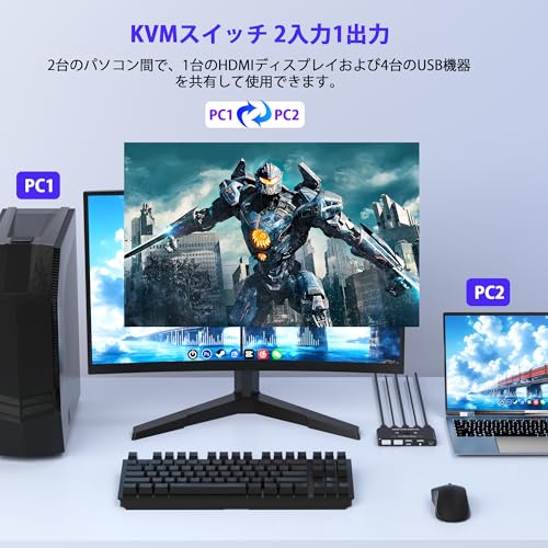 HDMI KVM切替器 2台PC共用 4K@60Hz出力 USBキーボード・マウス・プリンター接続 1モニター共有