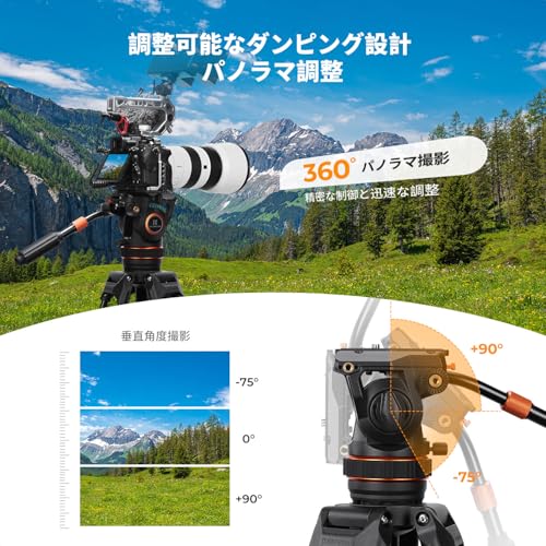 K&F Concept BV50 三脚用流体雲台 一眼レフ・ビデオカメラ対応 最大荷重 360°パン・チルト調整 黒