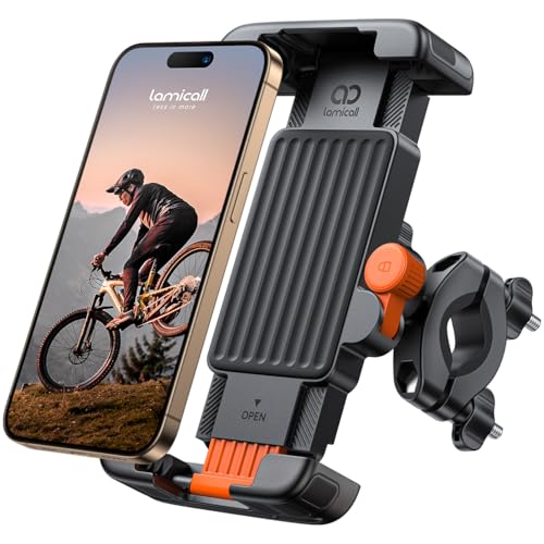 ハンドル径17-40mm対応 自転車用スマホホルダー 360度回転 片手操作 落下防止 耐震 黒/オレンジ 6-7インチ対応 iPhone/Android