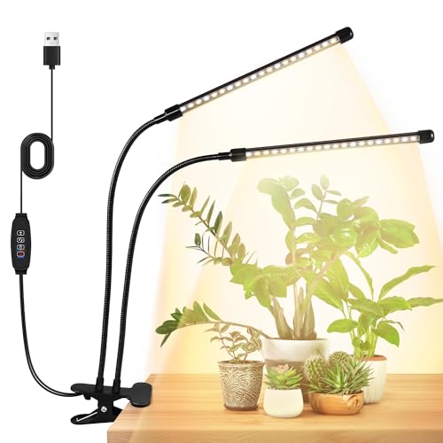 CHAMCHOI 植物育成ライト 2ヘッド クリップ式 フルスペクトル USB給電 タイマー機能付き 室内観葉植物・多肉・水耕栽培対応