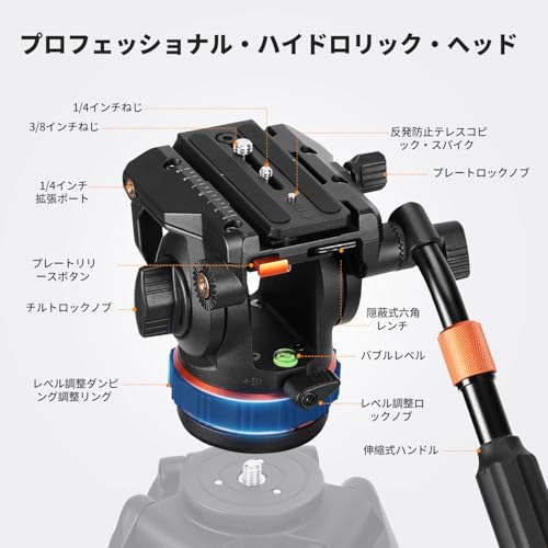 K&F Concept BV50 三脚用流体雲台 一眼レフ・ビデオカメラ対応 最大荷重 360°パン・チルト調整 黒