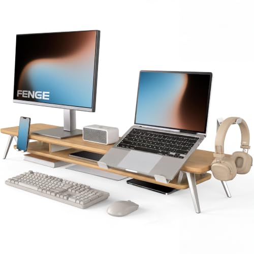 Fenge 2段式モニター台 天板 脚 ノートPCスタンド・スマホ置き付き デスクトップ収納