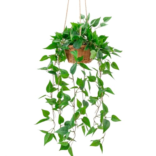 全長95cm 編みかご付き 吊り下げポトス 造花  polyester 100% お手入れ不要 インテリアグリーン フック取付済