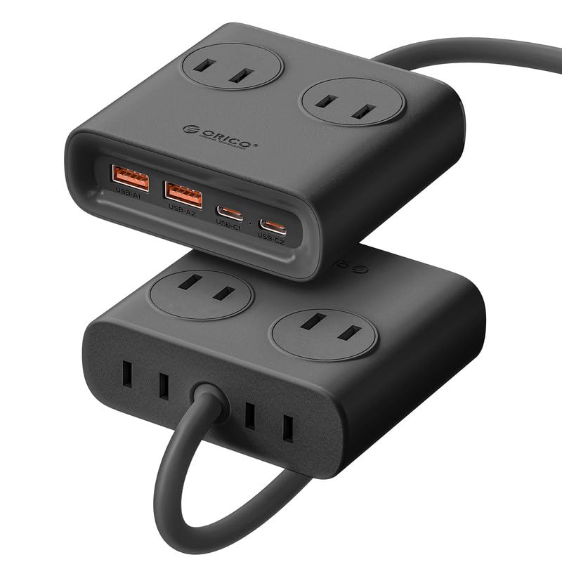 ORICO デスク用電源タップ USB-A/Type-C各2口 25W急速充電 1500W 15A V0難燃材 ブラック