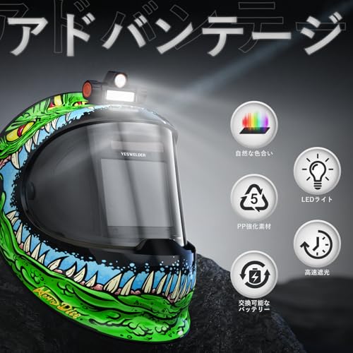 YESWELDER 自動遮光溶接面 TIG/MIG/ARC対応 大視野トゥルーカラー 遮光度4/5-9/9-13 ヘッドランプ・サイドビュー付き
