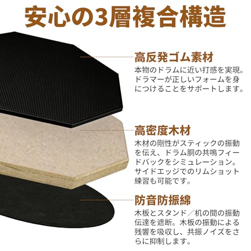 ドラム練習パッド 調節スタンド 5Aスティック 収納袋付き 低騒音 宅練用 ブラック
