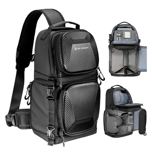 K&F Concept カメラスリングバッグ 2気室 一眼レフ対応 撥水加工 軽量 旅行・アウトドア用 ブラックグレー