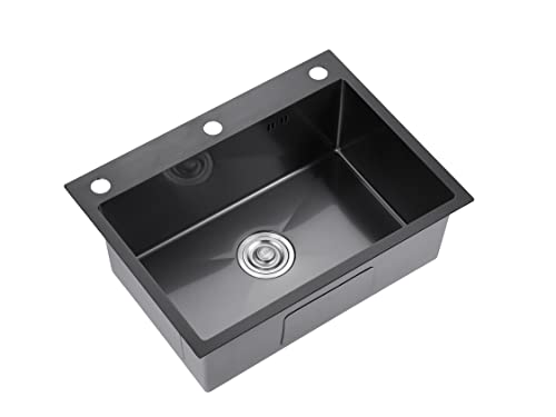 650x450mm 手洗いシンクセット 黒色 304ステンレス製 水切りラック付き 家庭用 流し台 蛇口なし