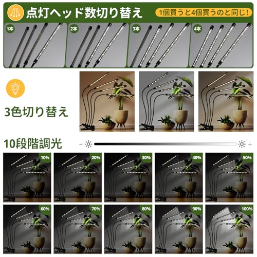 CHAMCHOI 植物育成ライト LED 4ヘッド クリップ式 リモコン タイマー USB給電 観葉植物 多肉 水耕栽培