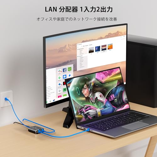 1入力2出力 LANハブ 有線分配器 Cat6ケーブル付 1000Mbps対応 家庭・オフィス向けネットワーク拡張