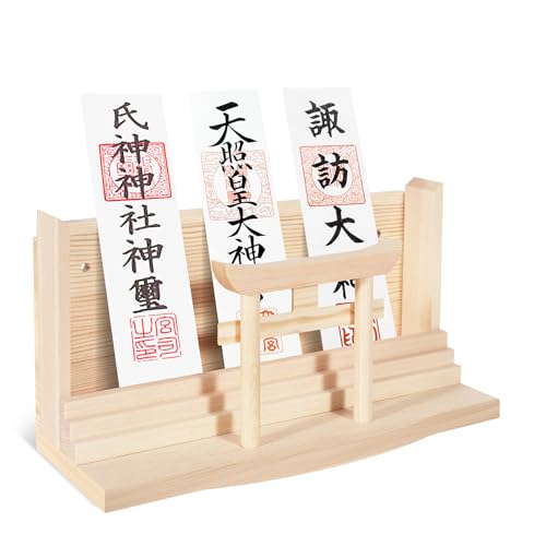 KamiWrap 天然木製 壁掛け神棚 穴あけ不要 モダンデザイン 雲板・お札立てセット 賃貸対応 鳥居・破魔矢置き 白雲
