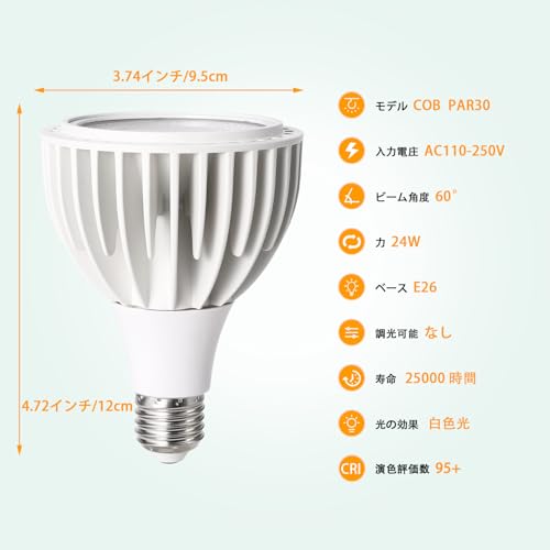 24W 全スペクトル LED植物育成ライト E26口金 5800K 昼白色 高PPFD 省エネ 屋内園芸用 アルミ+PC製 ホワイト