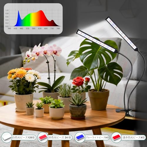 ZMJAJZZWL-78-RBW 二管式LED植物育成ライト 156LED 全スペクトラム 10段階調光 3モード 4/8/12時間タイマー クリップ式 フレキシブルアーム 室内観葉植物・多肉植物・育苗用