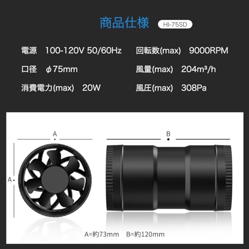 Hon&Guan ダクトファンセット 中間取付型 産業用換気扇 強力排気 静音設計 ダクトホース・スタンド・クランプ付属