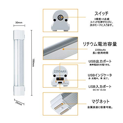 60W 超高輝度 LEDライト 磁石式 USB充電 5モード 3段階調光 SOS機能 2200mAh大容量 防雨 携帯型 作業灯 防災 車中泊